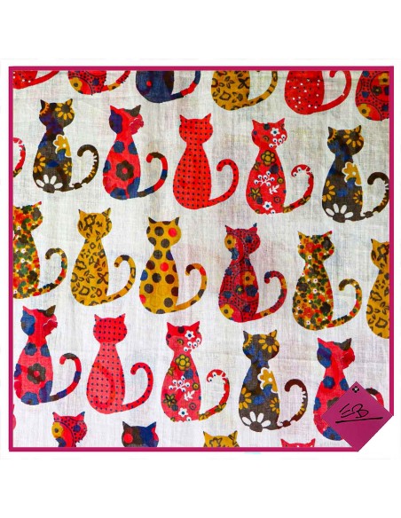 Chèches motifs CHATS, fond clair, ROSE ROUGE