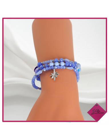 Trio de bracelets élastiqués en acier argenté, perles Fimo et résine BLEUES, petite étoile en acier argenté
