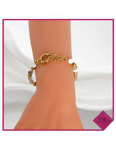 Bracelet élastiqué en acier doré, perles naturelles TRANSLUCIDES,