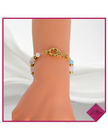 Bracelet élastiqué en acier doré, perles naturelles BLANCHES TURQUOISES ROSES,
